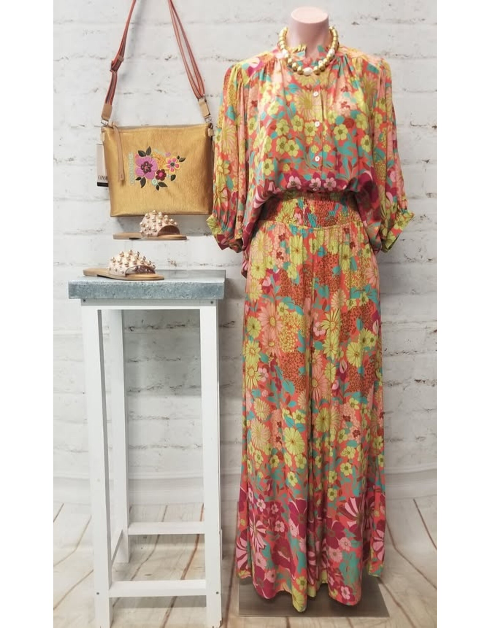 Ravenna Retro Floral Loose Button Down Blouse