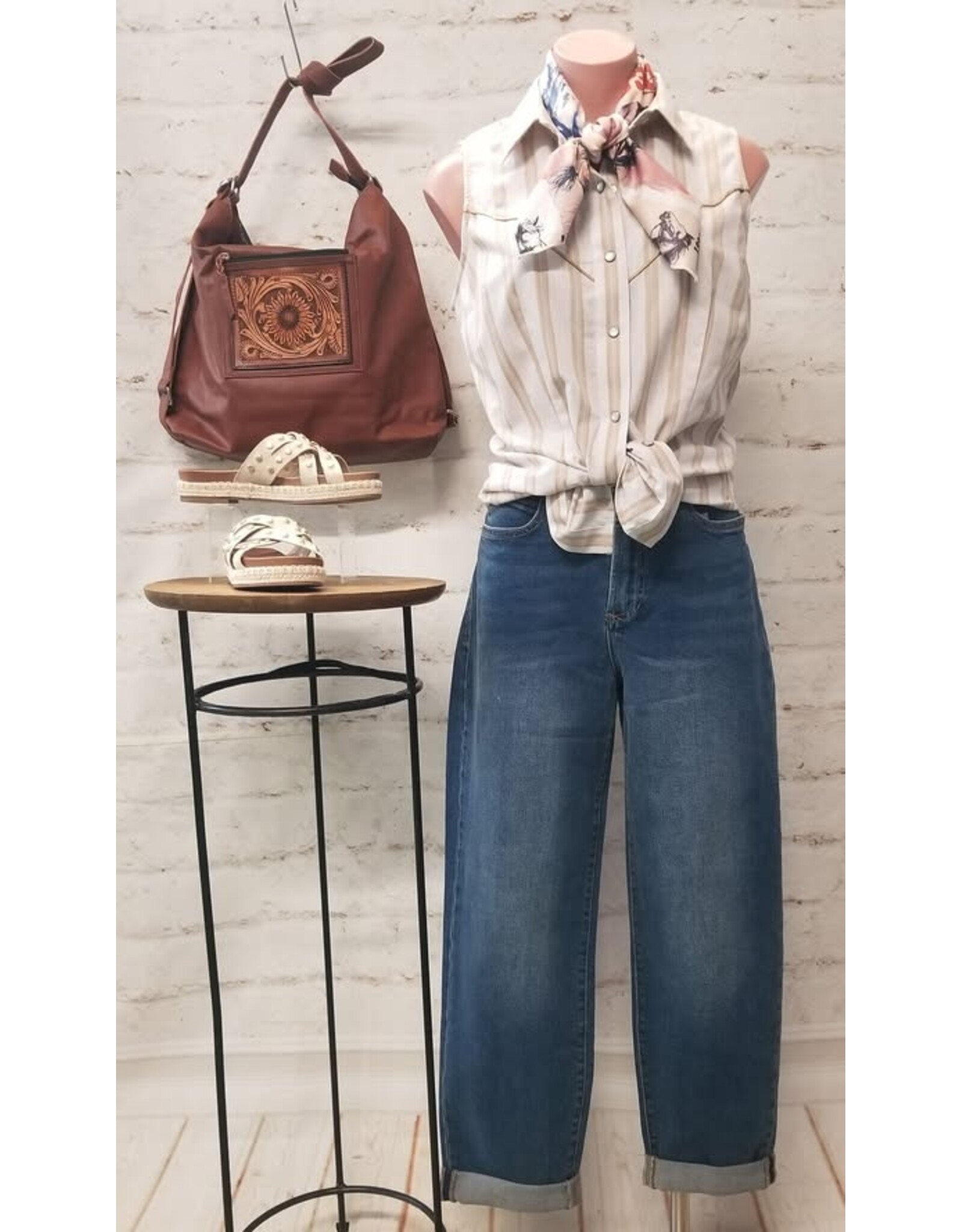 Rock & Roll Denim Stripe Sleeveless Snap Tan