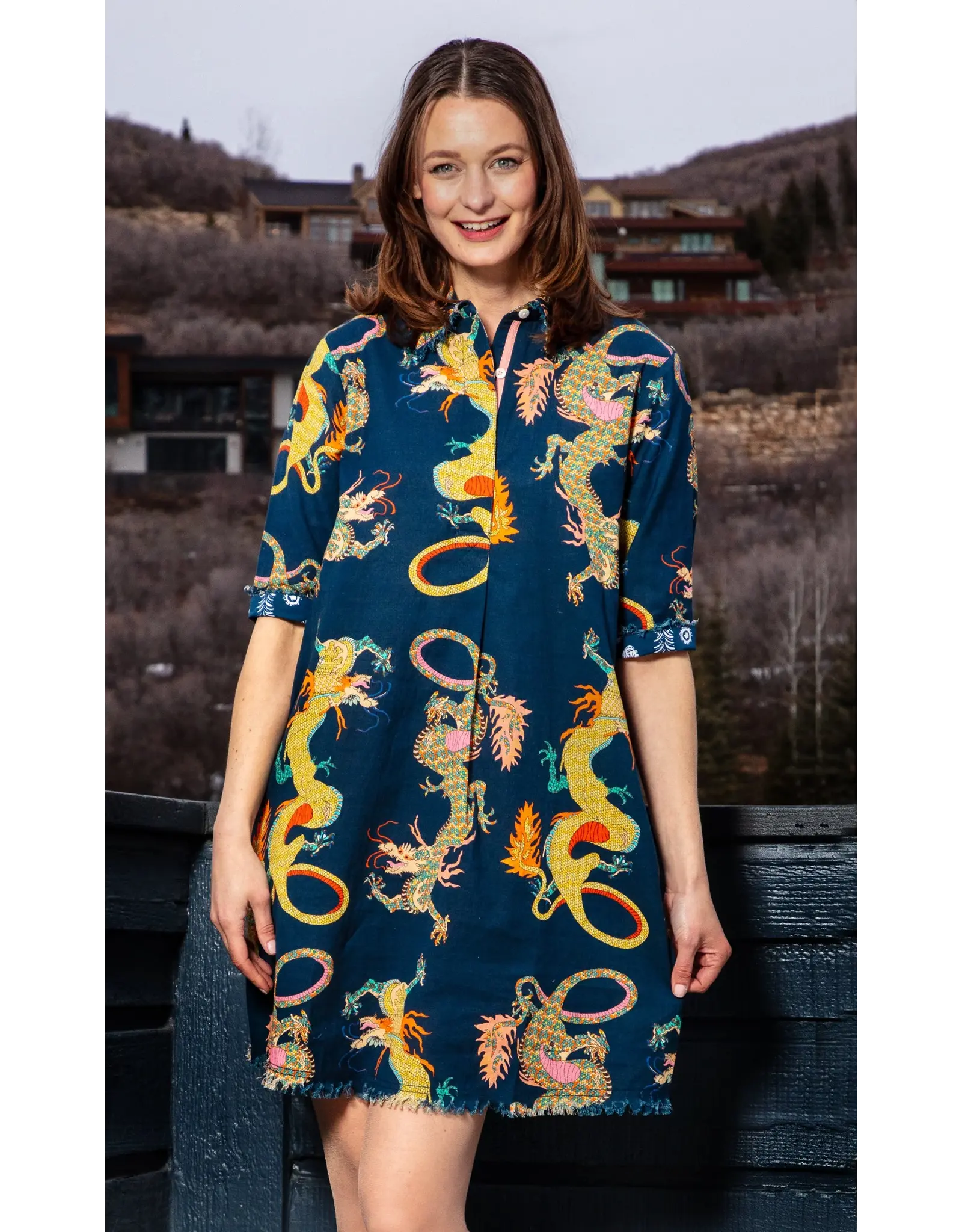 Dizzy Lizzie Chatham Dress Navy Dragon Print