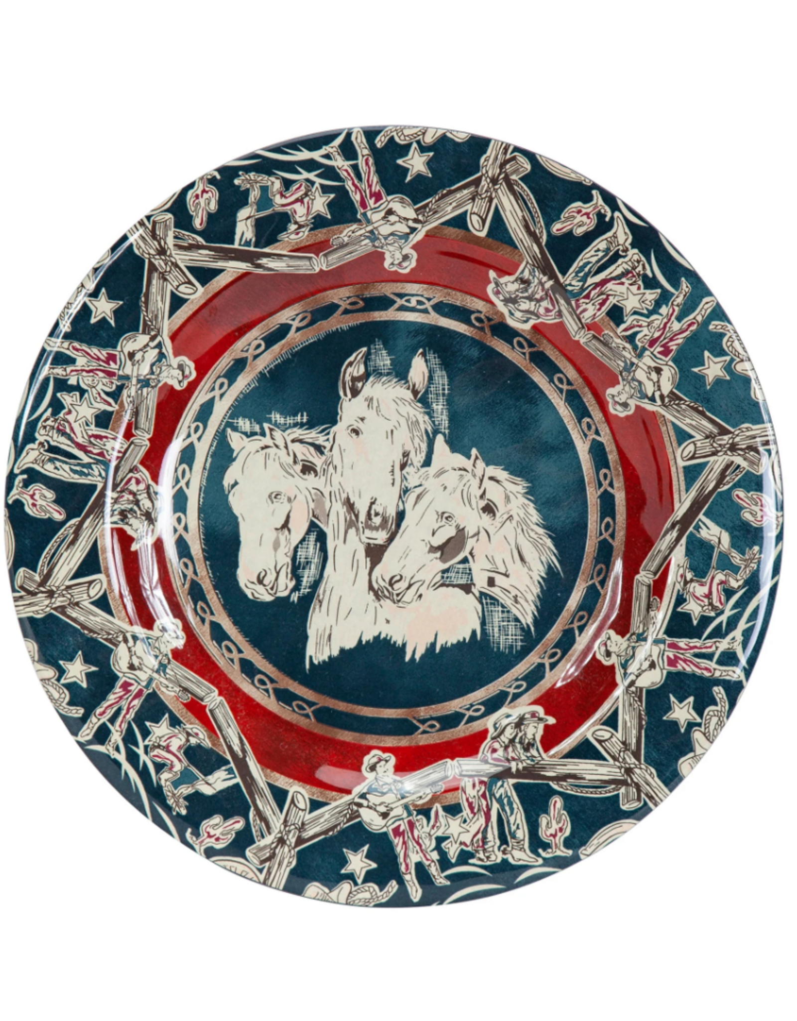 Patchwork Bandana Melamine Dinner Plate Blue Horse Heads, Set of 4