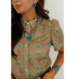 Retro Cactus Cowgirl Short Sleeve Pearl Snap Shirt