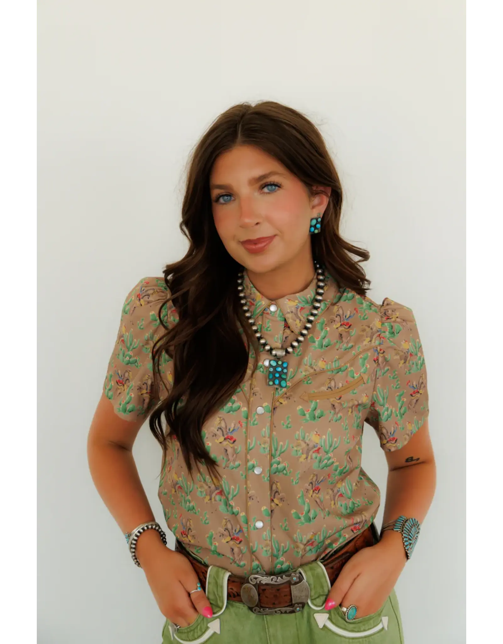 Retro Cactus Cowgirl Short Sleeve Pearl Snap Shirt