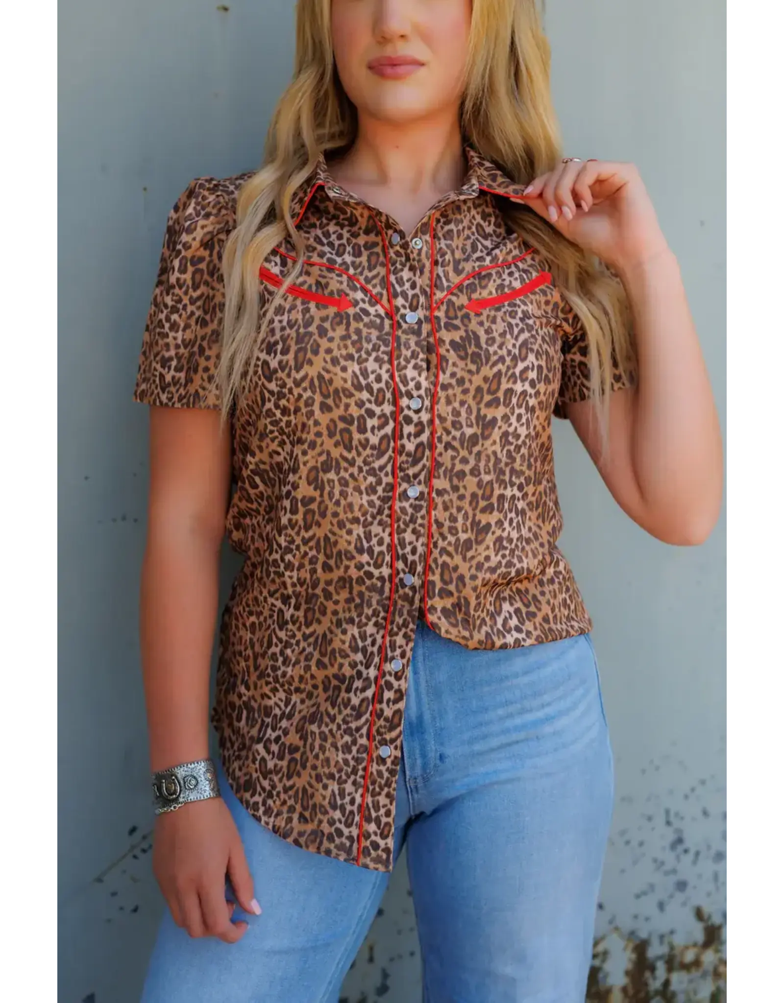 Leopard/Red Short Sleeve Pearl Snap Shirt