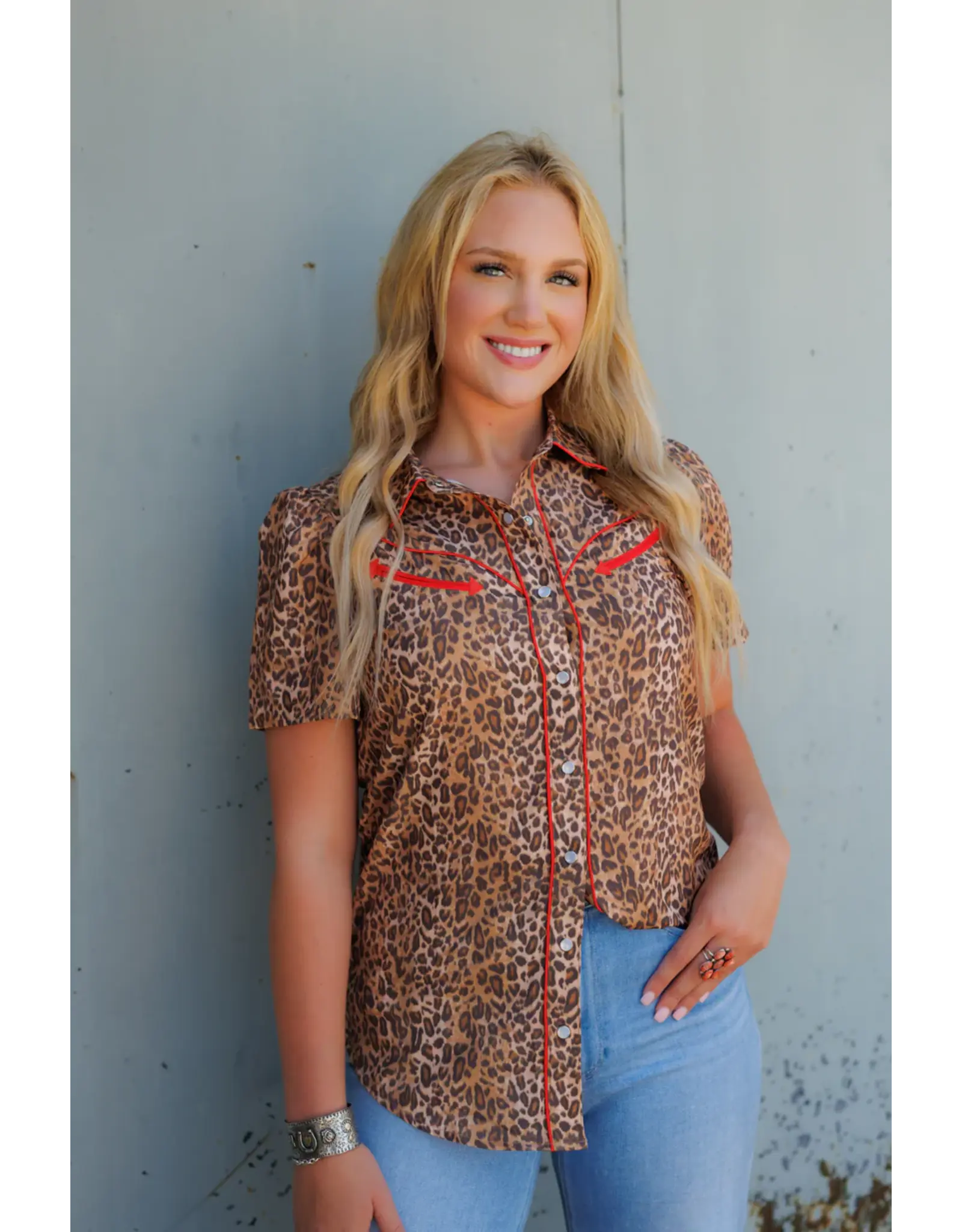 Leopard/Red Short Sleeve Pearl Snap Shirt