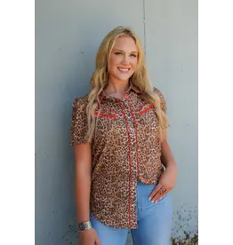 Leopard/Red Short Sleeve Pearl Snap Shirt