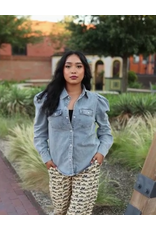 Light Wash Stretch Denim Puff Sleeve Button Down Shirt