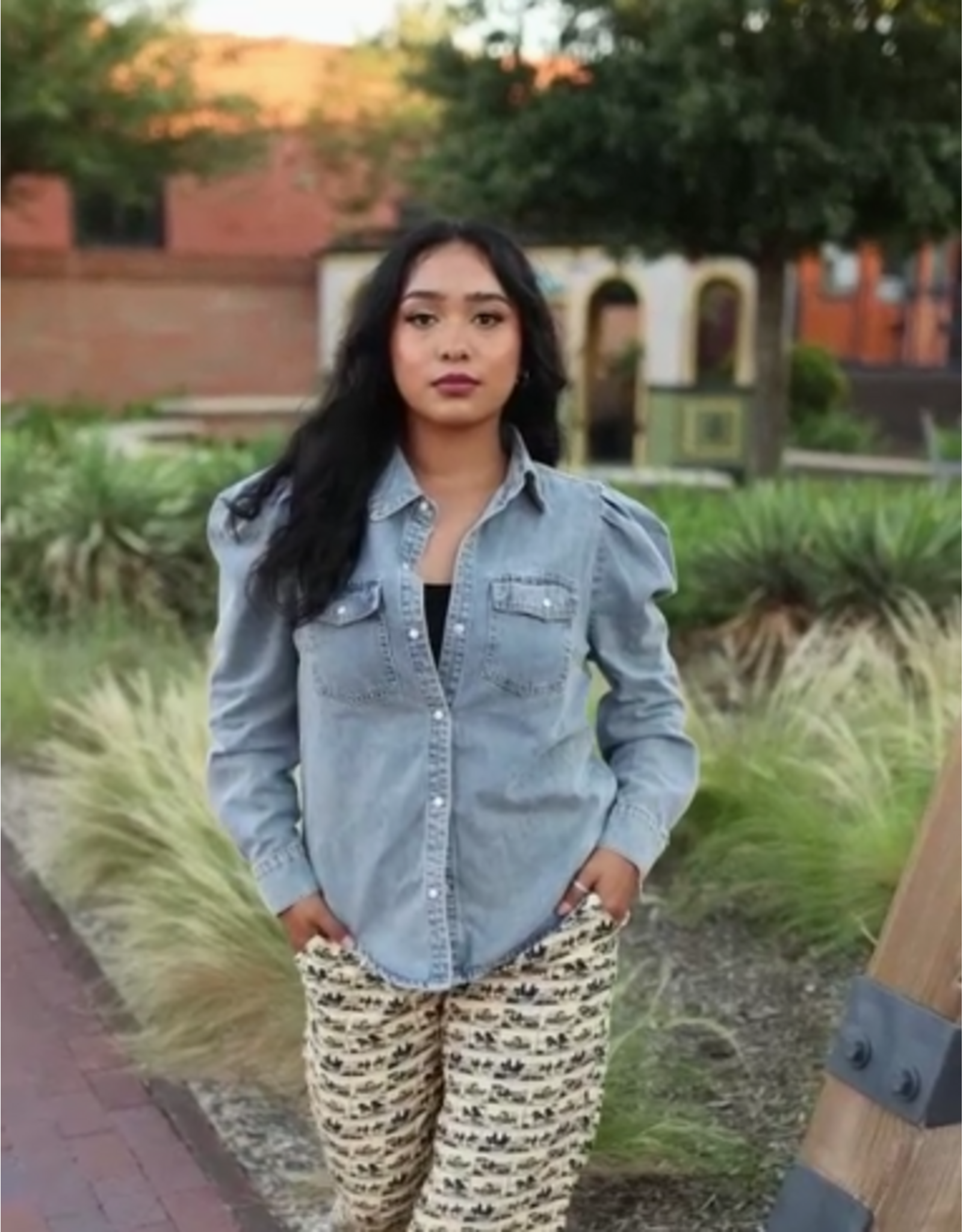 Light Wash Stretch Denim Puff Sleeve Button Down Shirt