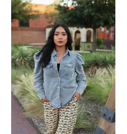 Light Wash Stretch Denim Puff Sleeve Button Down Shirt