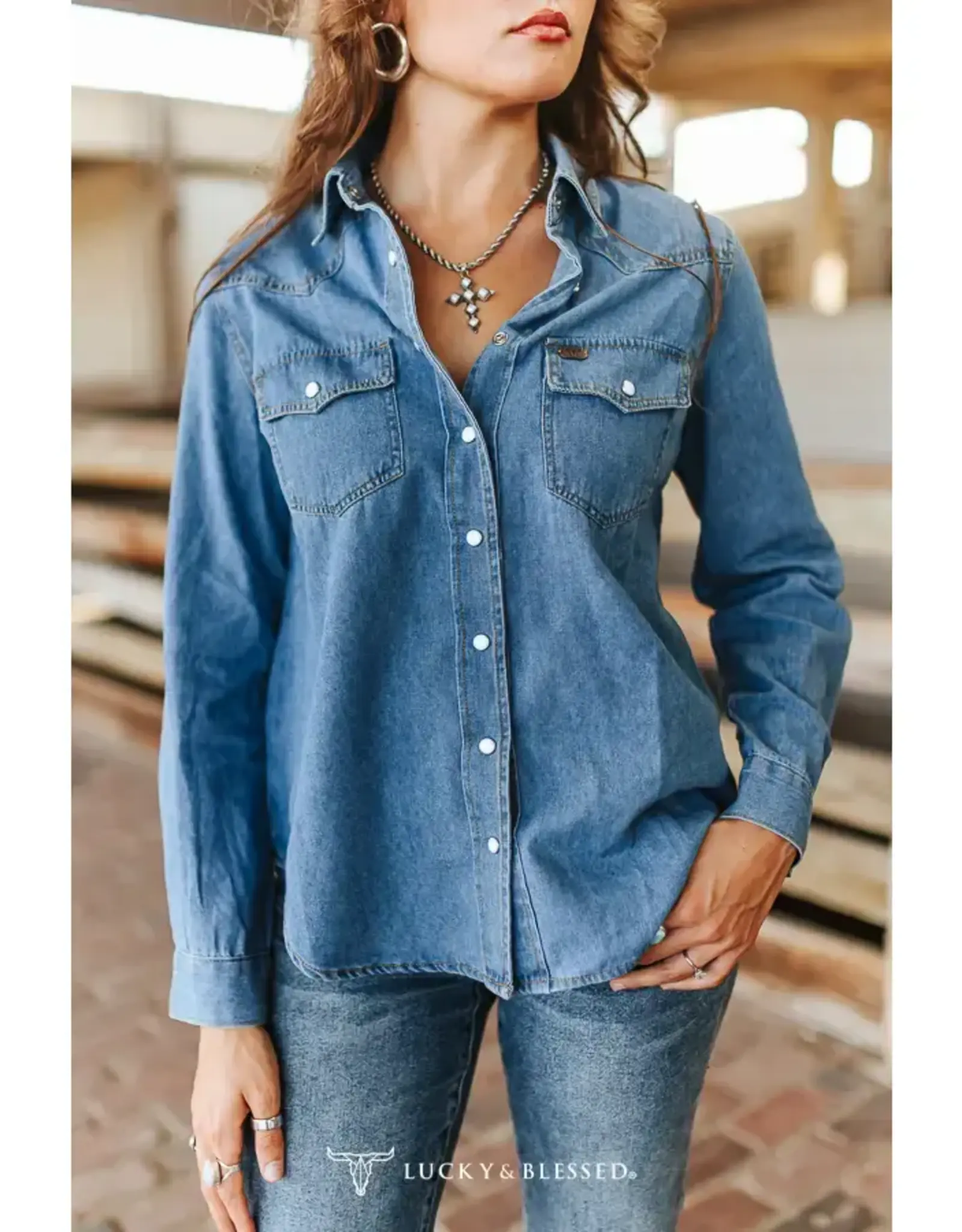 Classic Western Yoke Button Down Denim Long Sleeve Shirt