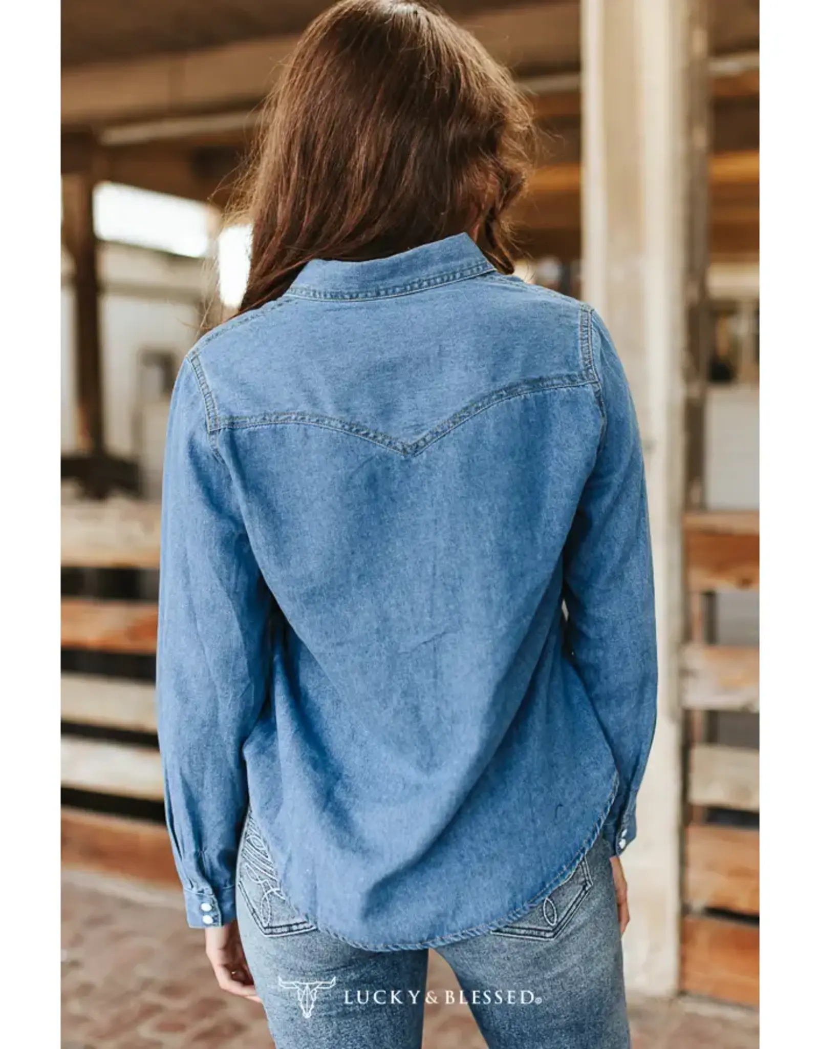 Classic Western Yoke Button Down Denim Long Sleeve Shirt