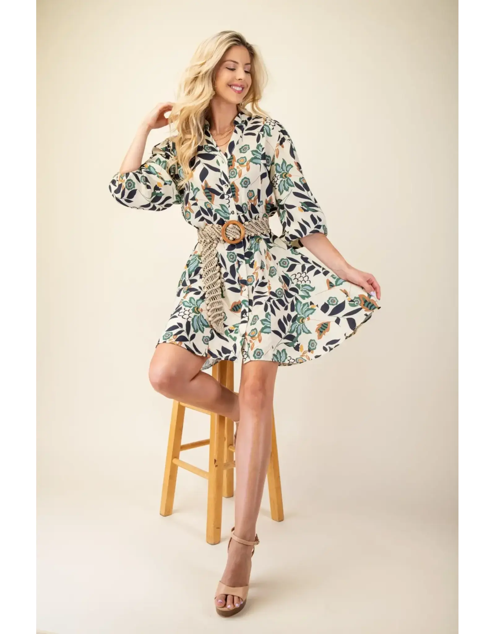 Noelle Navy 3/4 Sleeve Shirt Dress