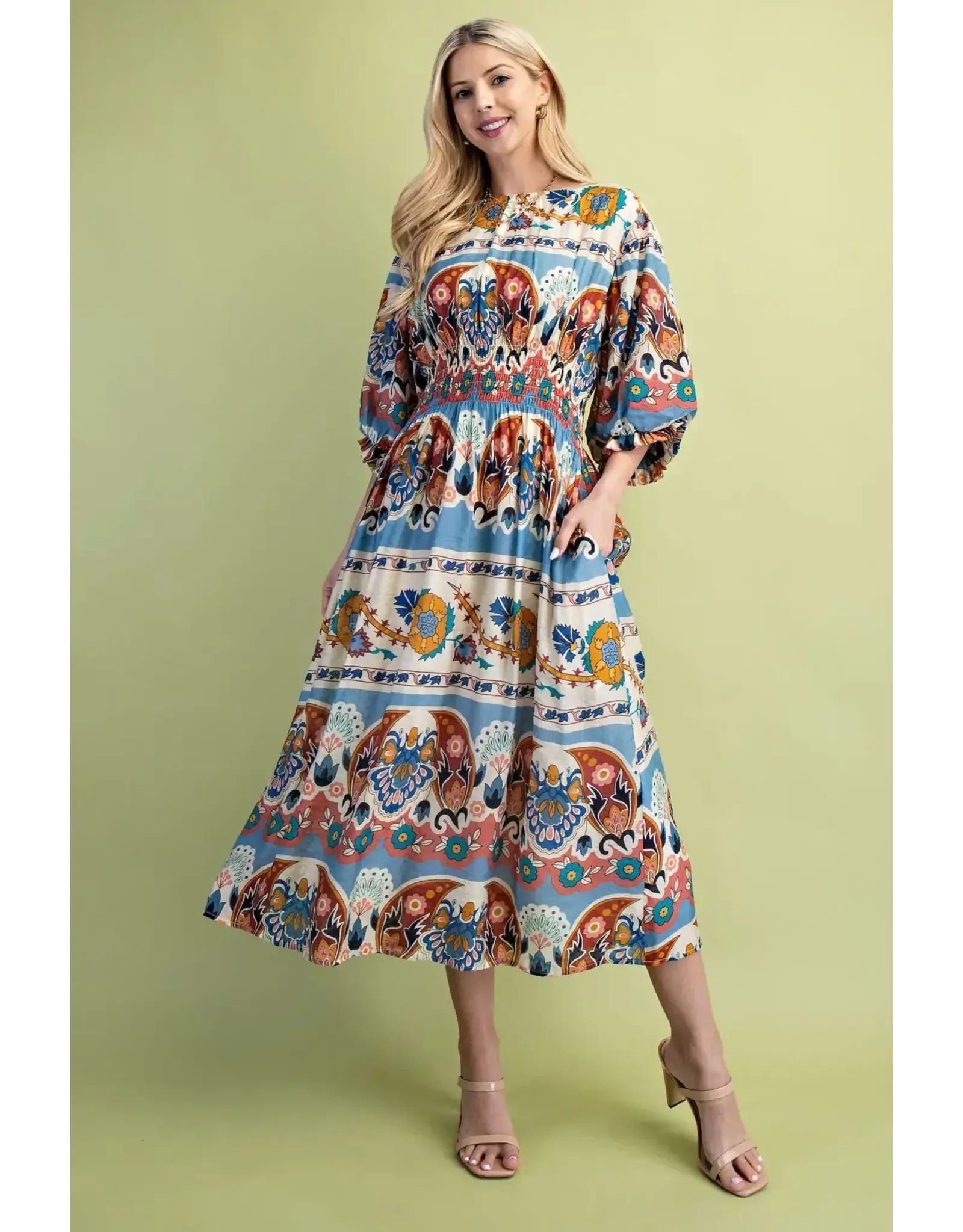 Nahla Smocked Blue Waist Midi Dress