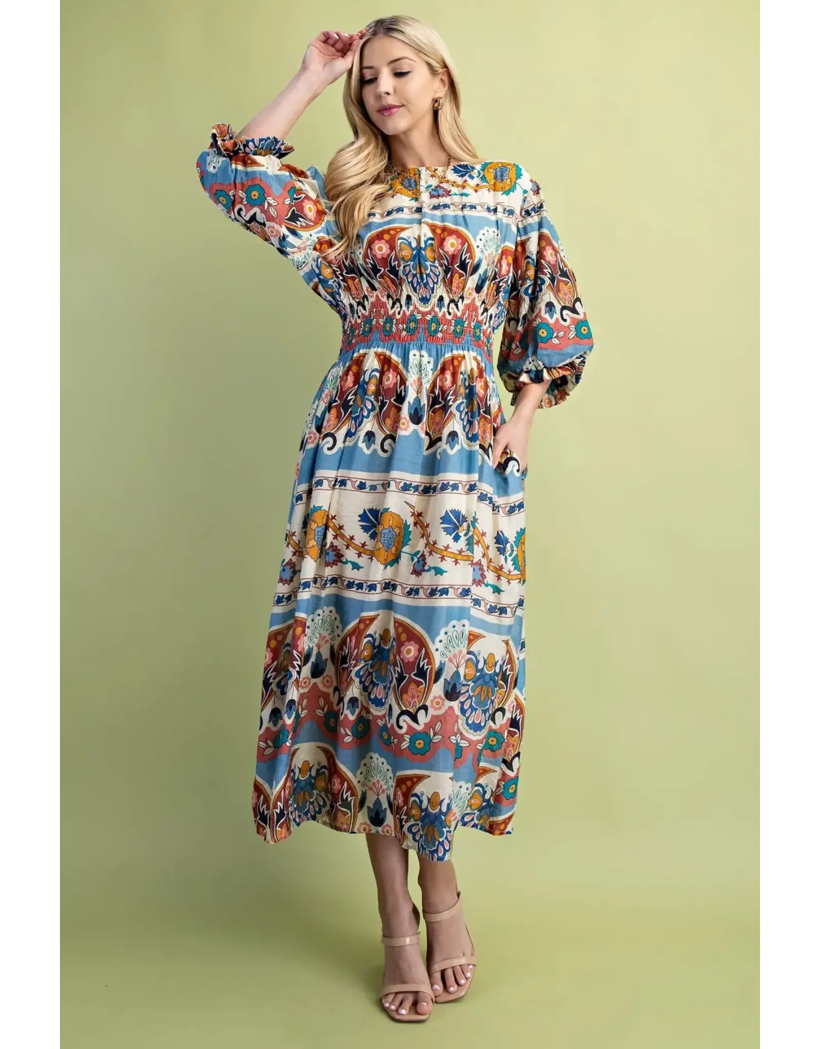 Nahla Smocked Blue Waist Midi Dress