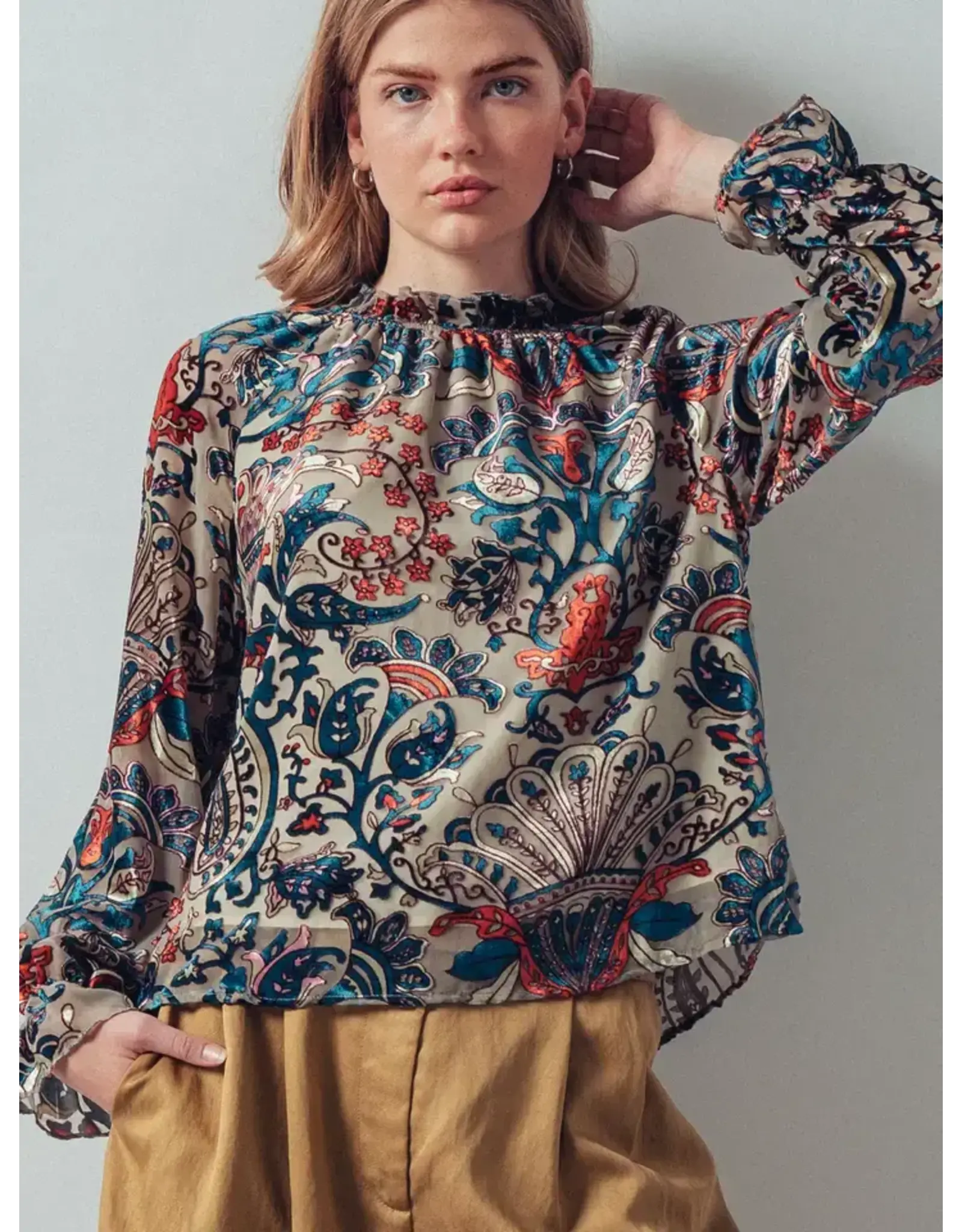 Nia Burnout Velvet Smocked Neck Blouse
