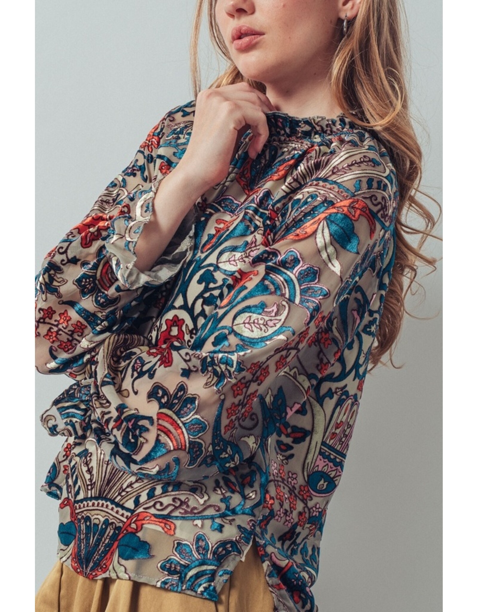 Nia Burnout Velvet Smocked Neck Blouse