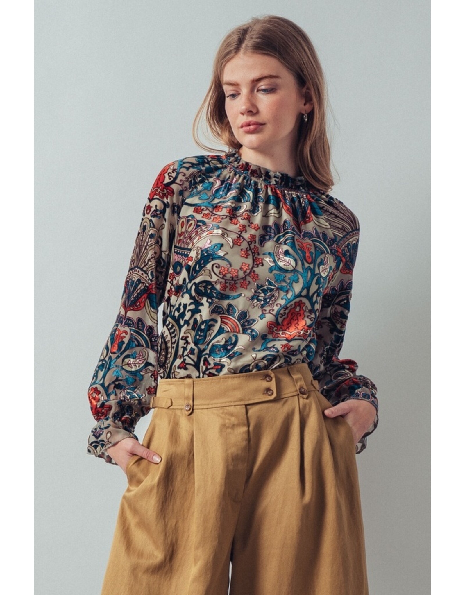 Nia Burnout Velvet Smocked Neck Blouse