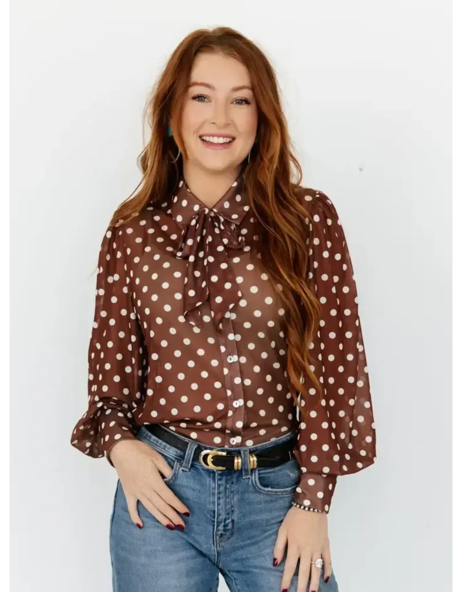 Nola Mesh Brown & White Polka Dot Blouse