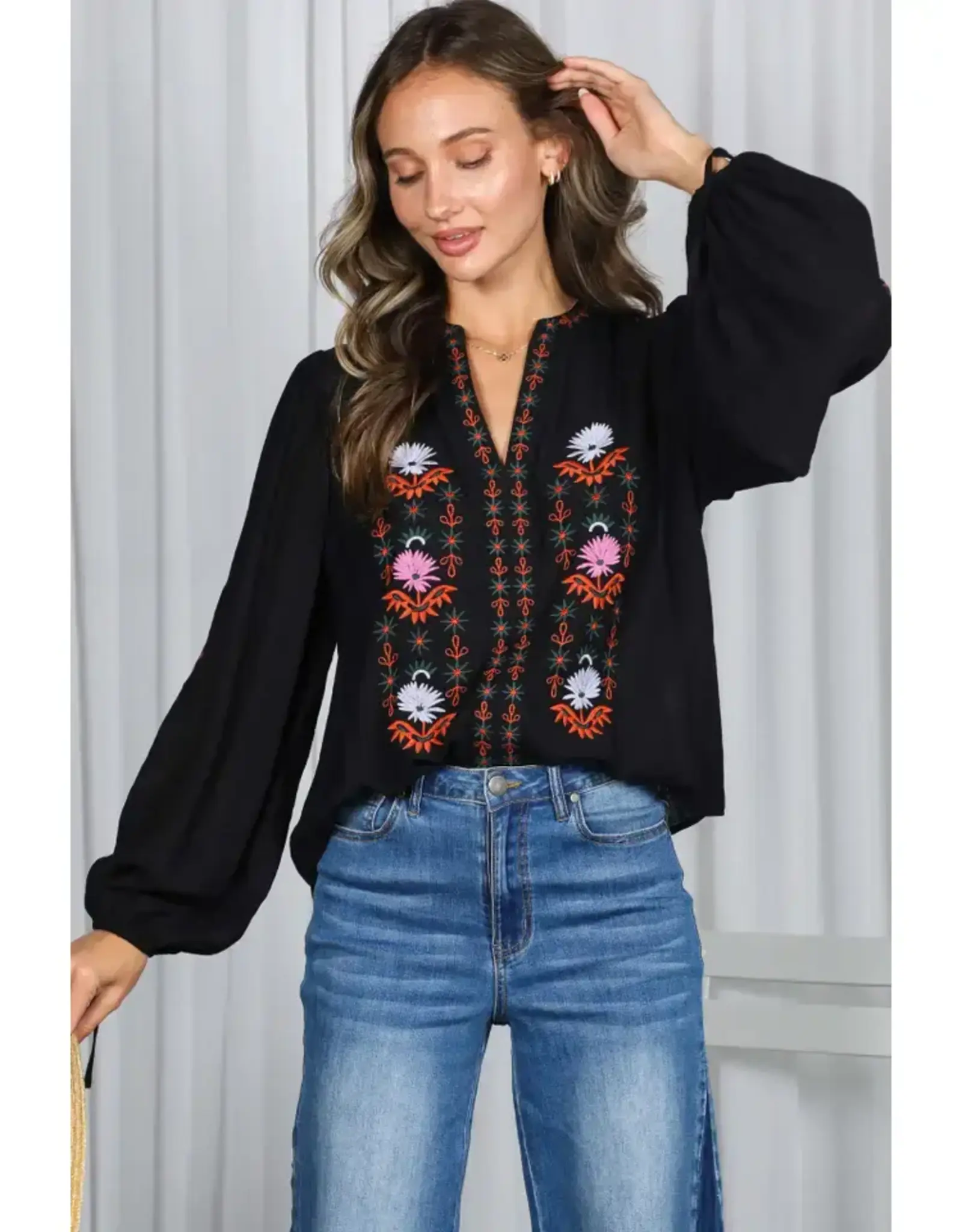 Norah Embroidered Black Blouse