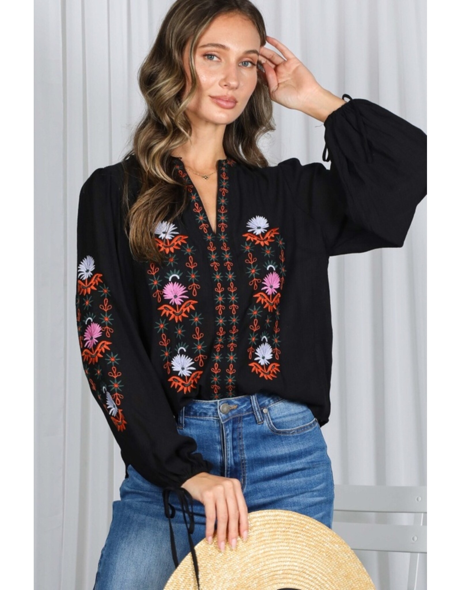 Norah Embroidered Black Blouse