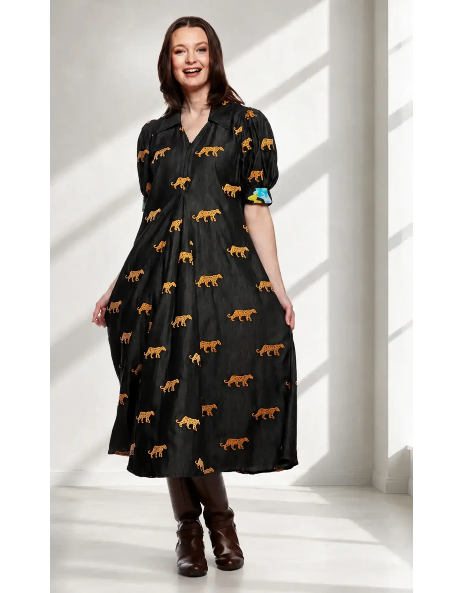Dizzy Lizzie Montauk Dress Black Embroidered Cheetahs