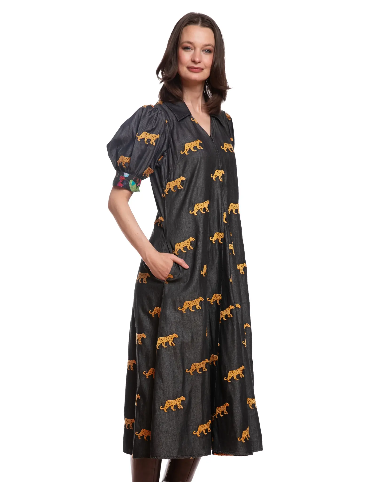 Dizzy Lizzie Montauk Dress Black Embroidered Cheetahs