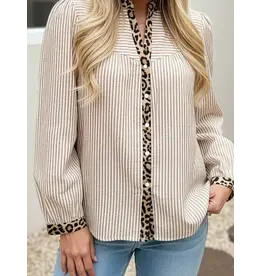 Odina Khaki Stripe Leopard Trim Shirt