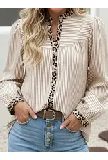 Odina Khaki Stripe Leopard Trim Shirt