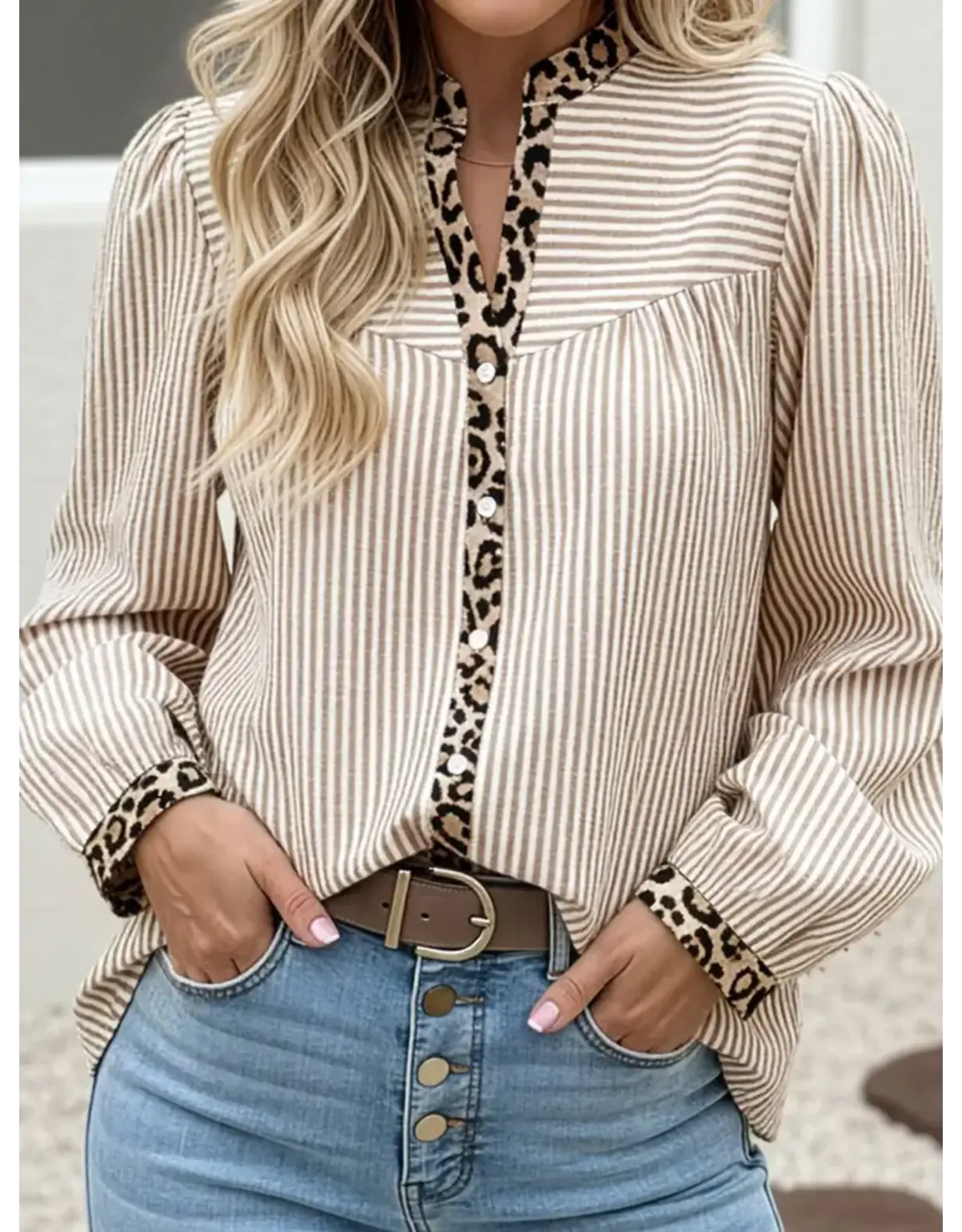 Odina Khaki Stripe Leopard Trim Shirt