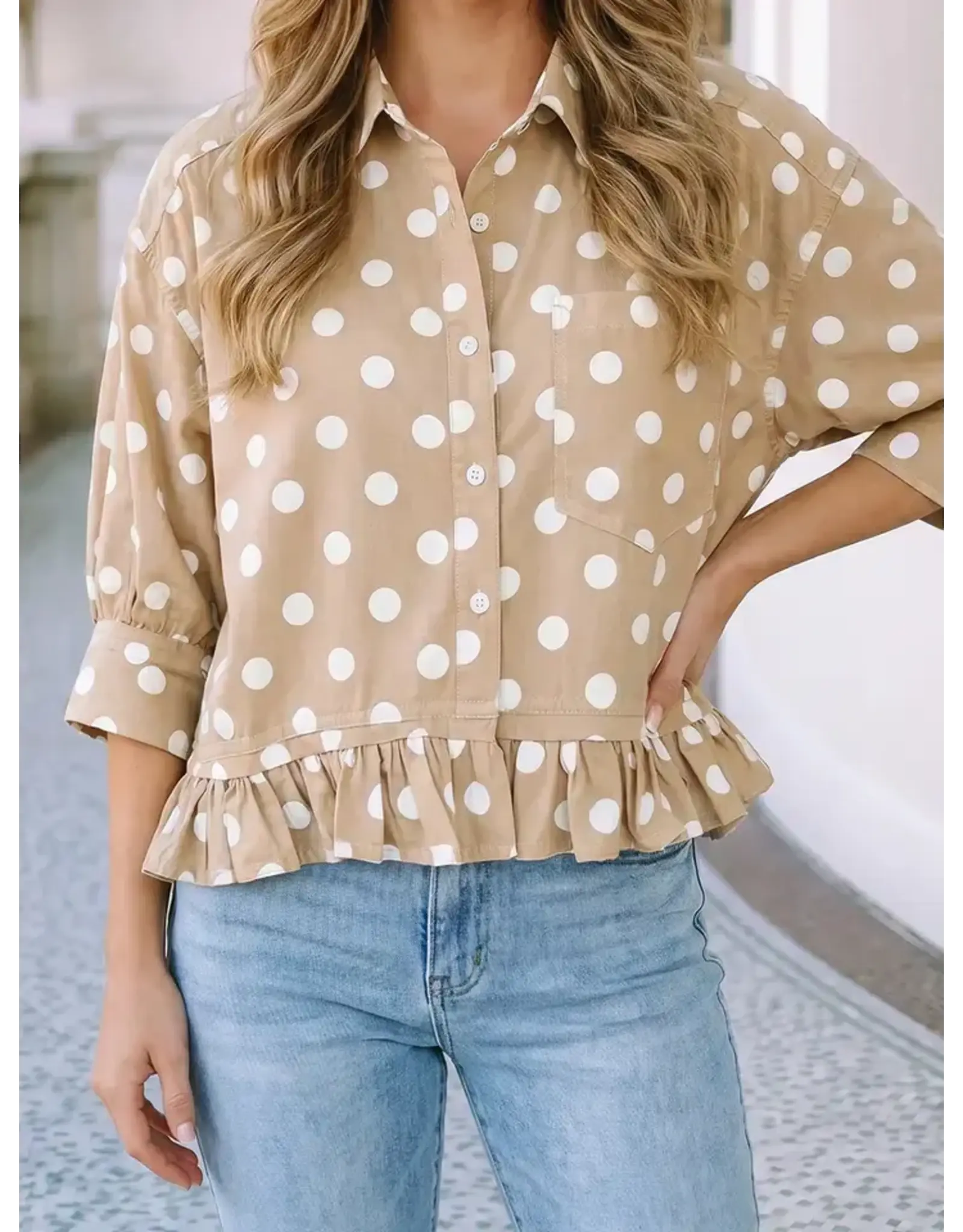 Oriana Polka Dot Ruffle Hem Shirt