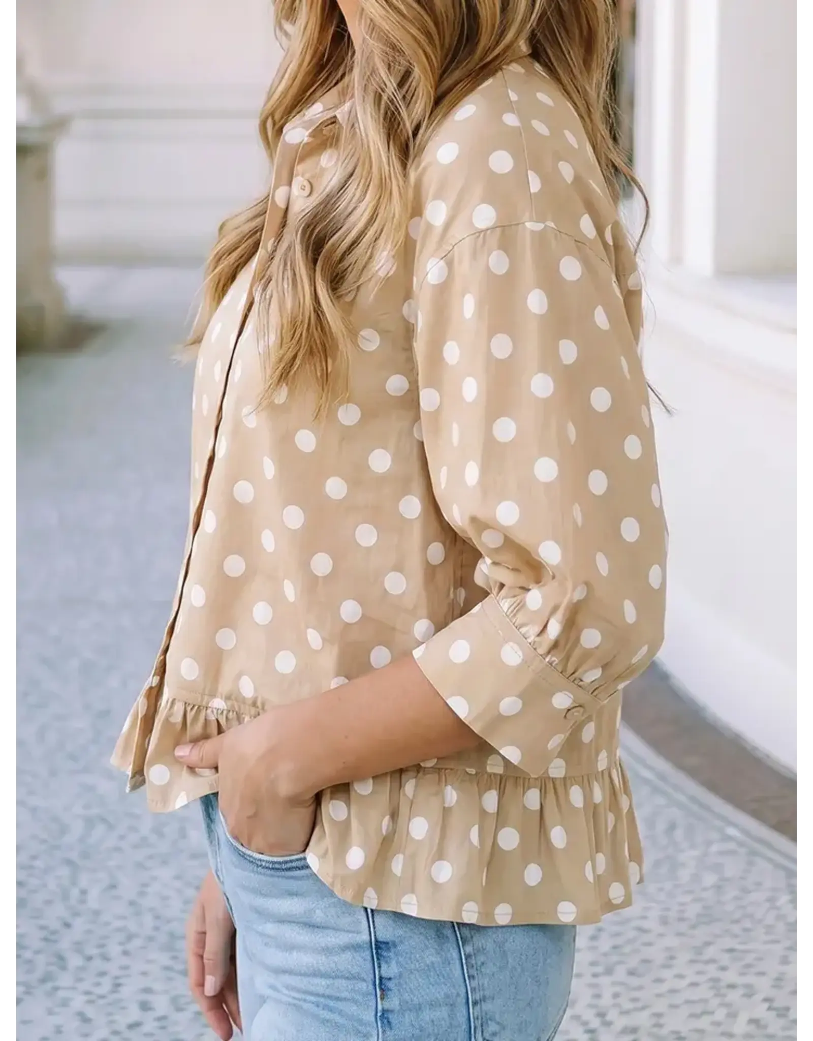 Oriana Polka Dot Ruffle Hem Shirt