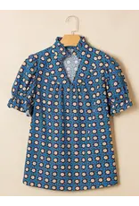 Orvietta Blue Floral Pleated Sleeve Blouse