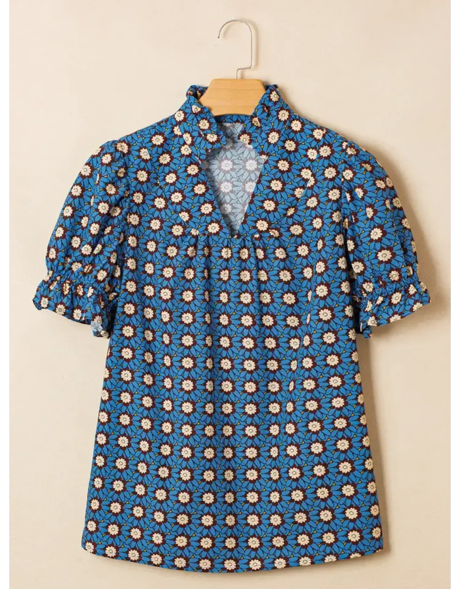Orvietta Blue Floral Pleated Sleeve Blouse