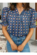 Orvietta Blue Floral Pleated Sleeve Blouse