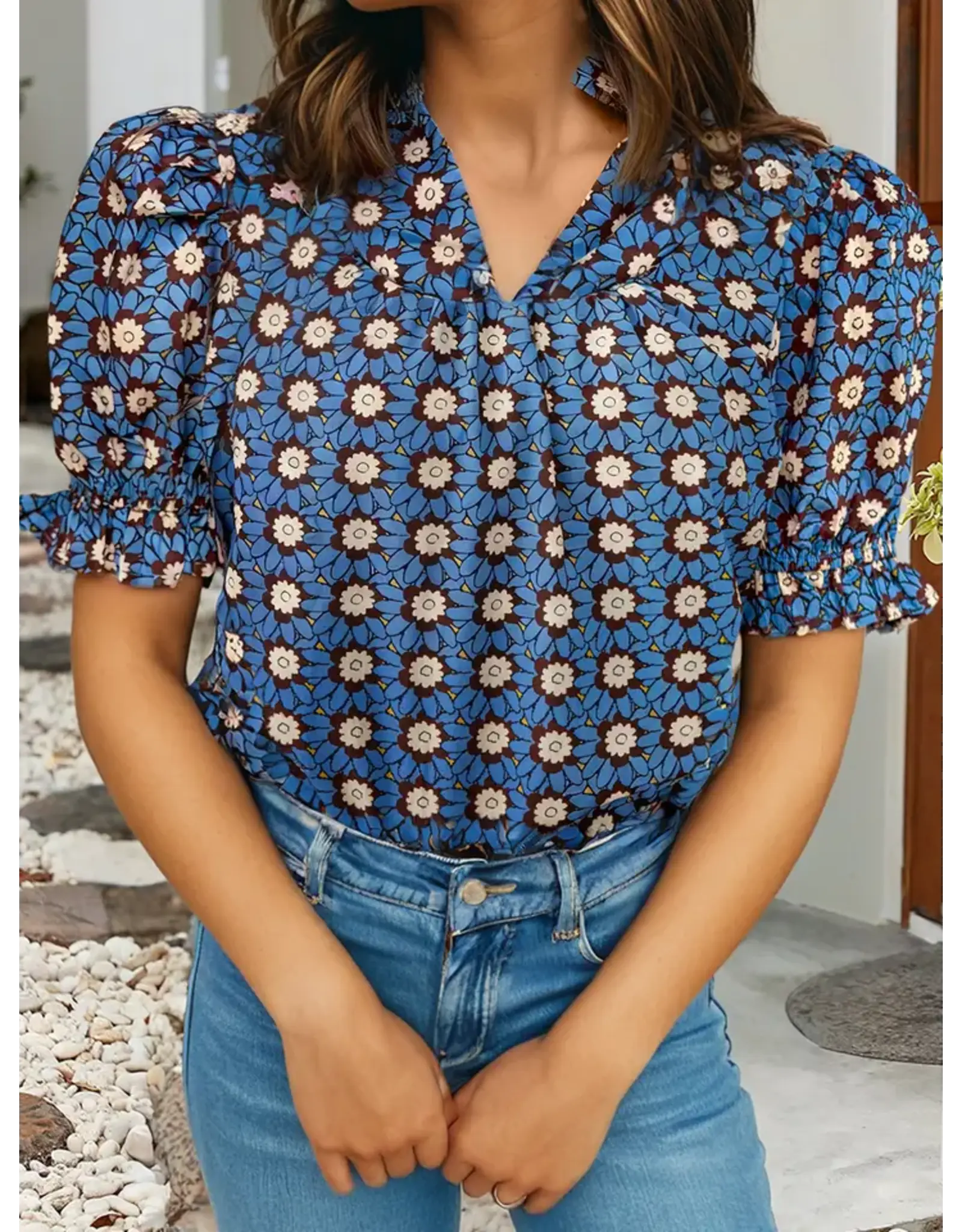 Orvietta Blue Floral Pleated Sleeve Blouse