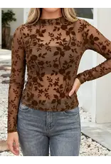 Chocolate Floral Flocked Mesh Top