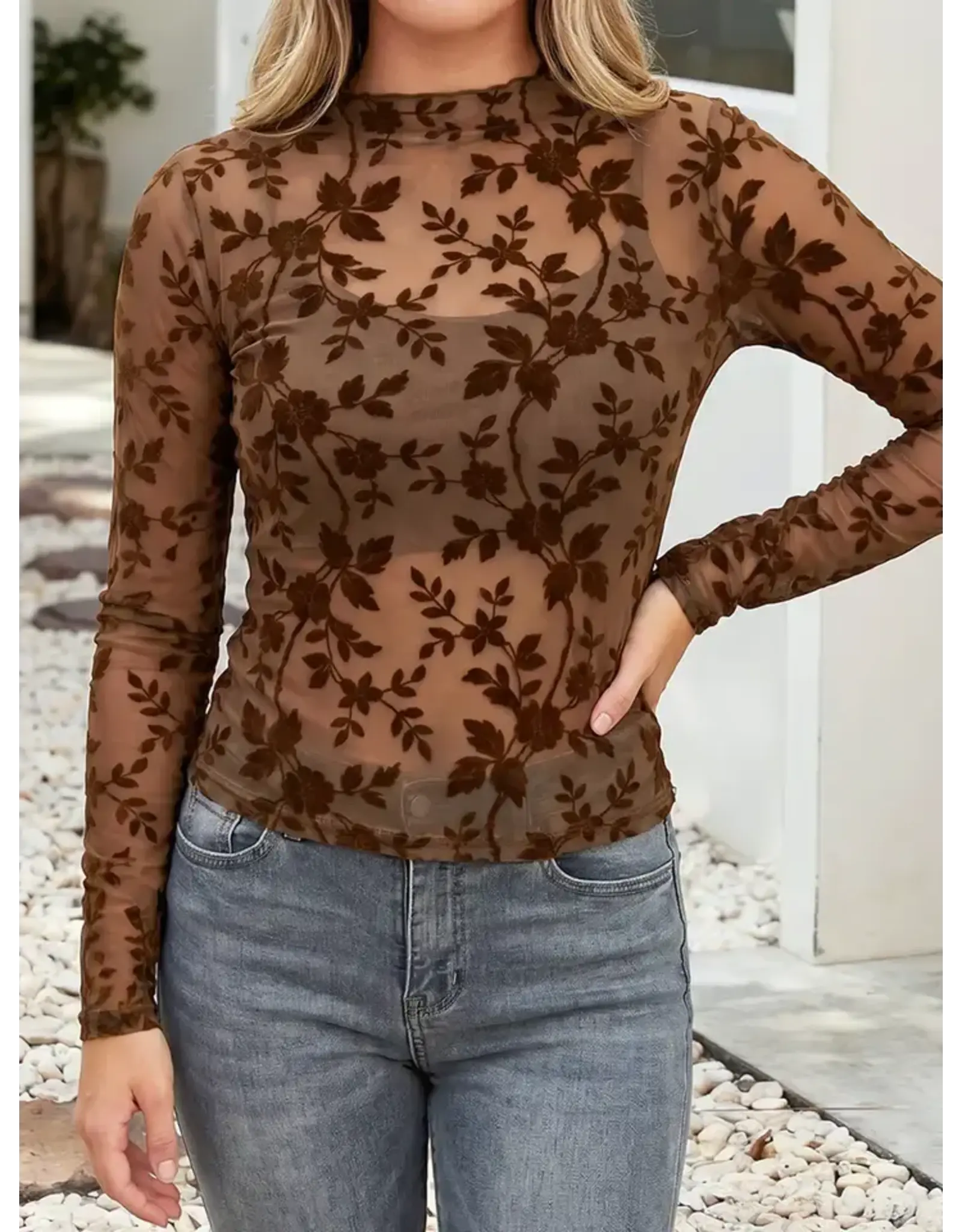 Chocolate Floral Flocked Mesh Top