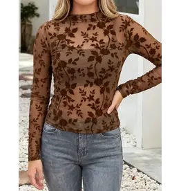 Chocolate Floral Flocked Mesh Top