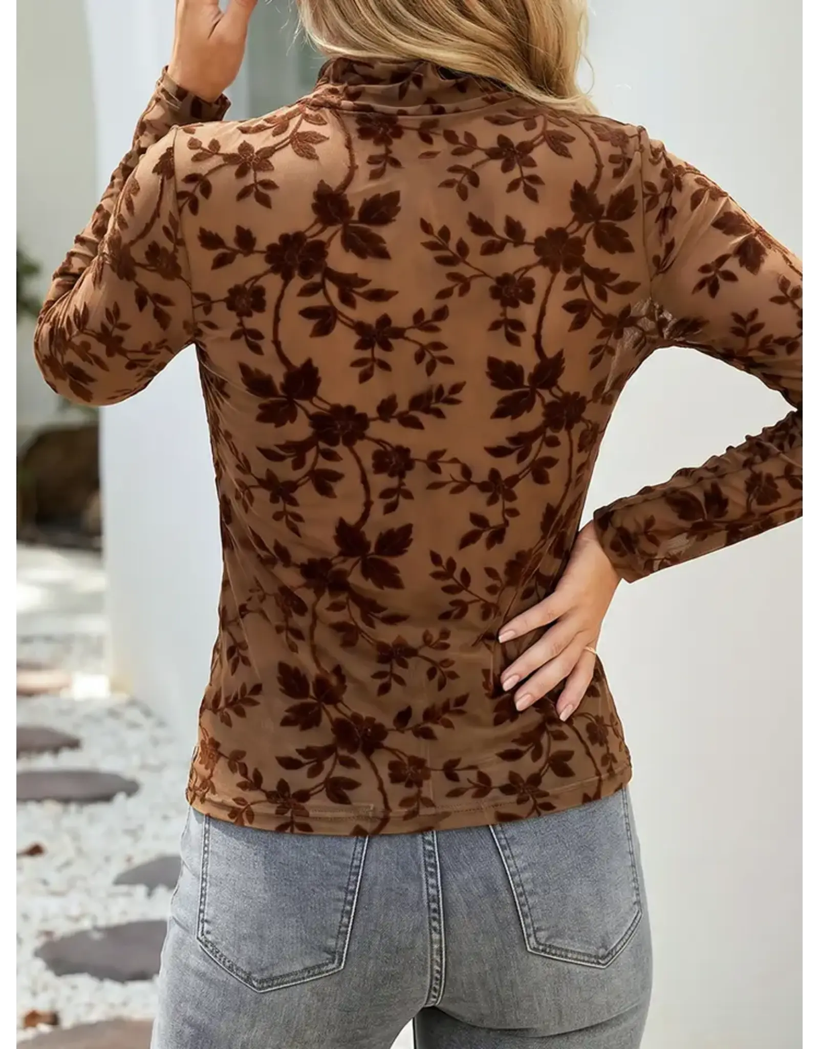 Chocolate Floral Flocked Mesh Top
