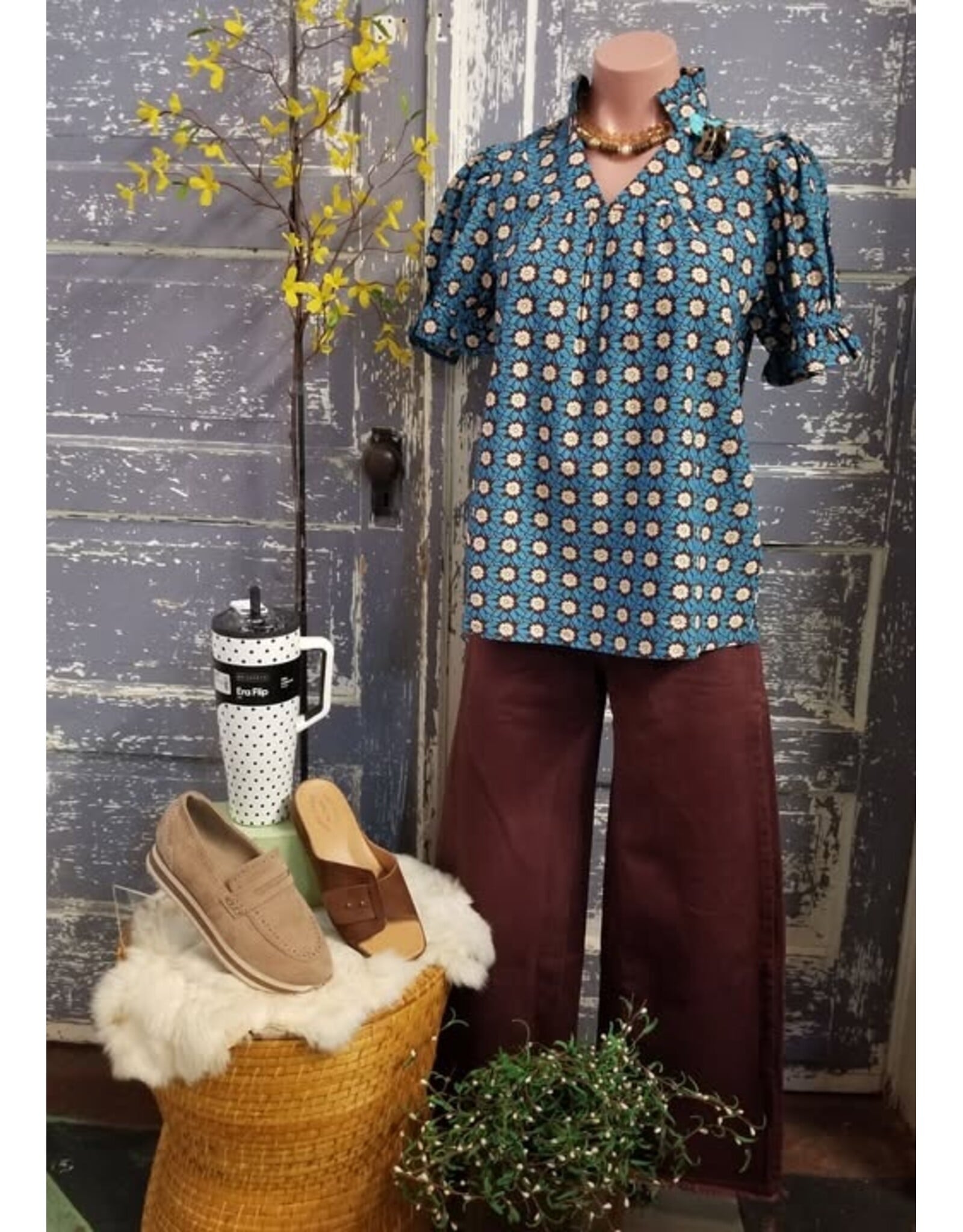 Orvietta Blue Floral Pleated Sleeve Blouse