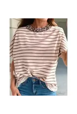 Rae Khaki Stripe Leopard Trim T-Shirt