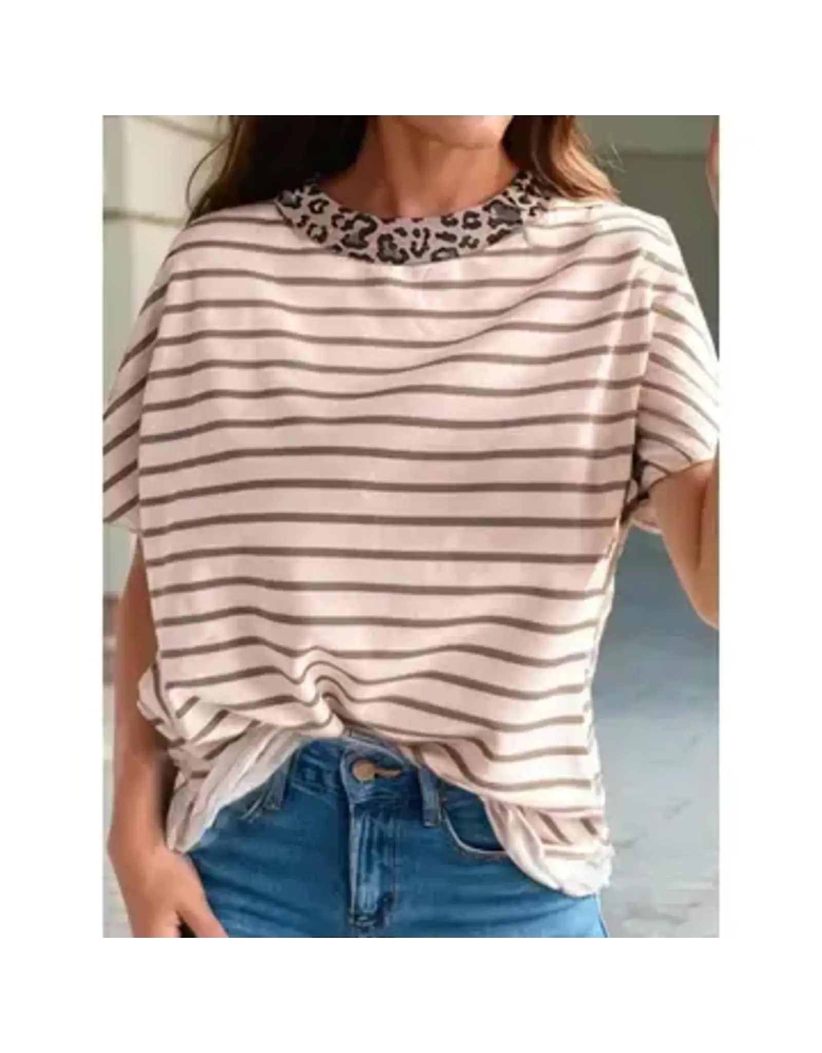 Rae Khaki Stripe Leopard Trim T-Shirt