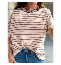 Rae Khaki Stripe Leopard Trim T-Shirt