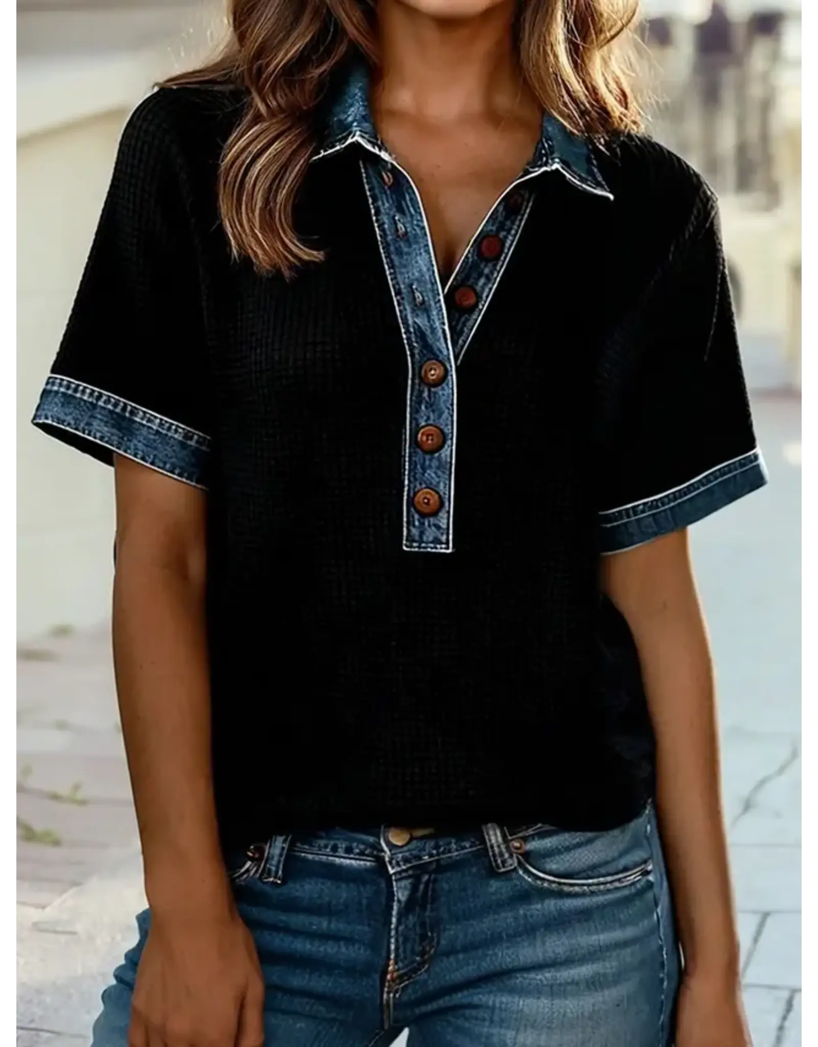 Raven Black Denim Trim Top