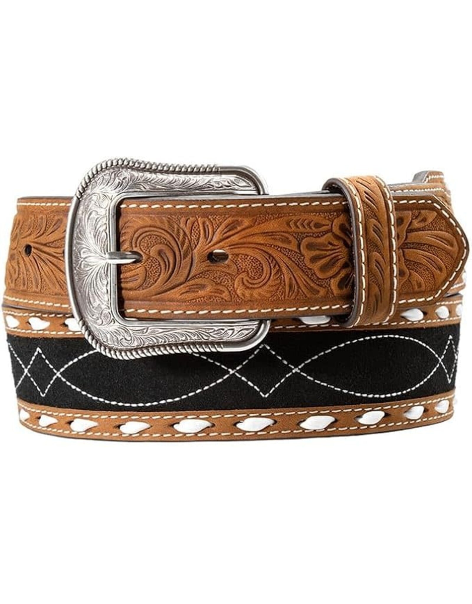3D Western Belt Mens Roughout Inlay Stitching Black Brown