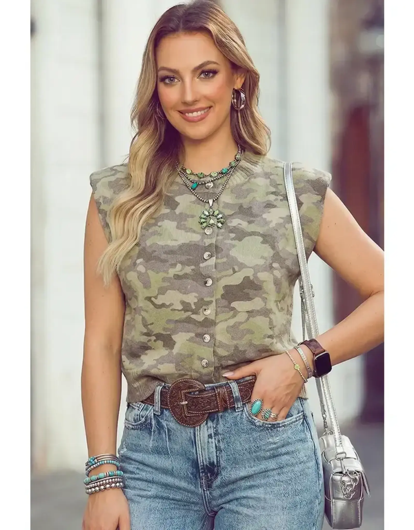 Carlie Camo Button-Up Sweater