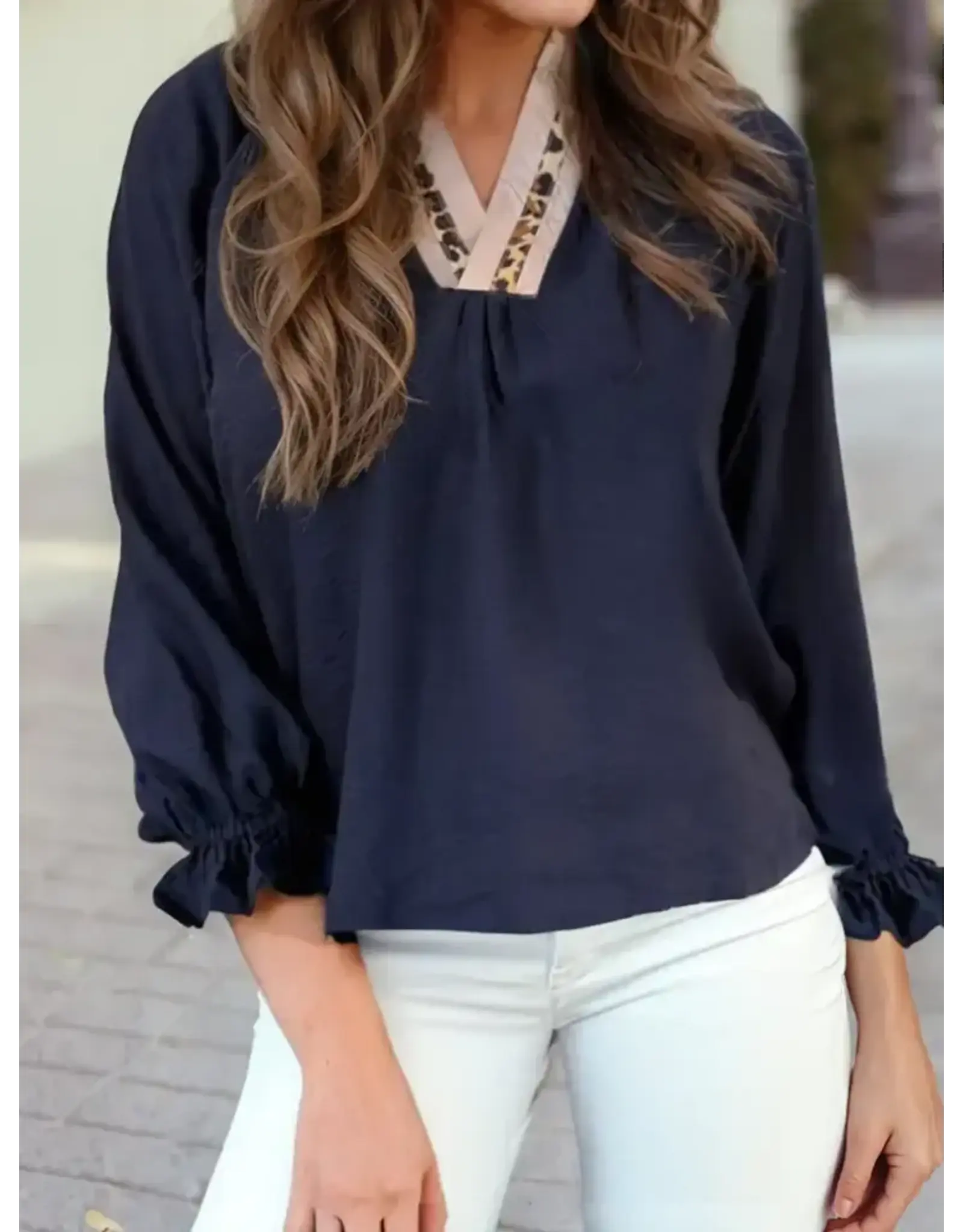 Lana Leopard Trim Navy Top
