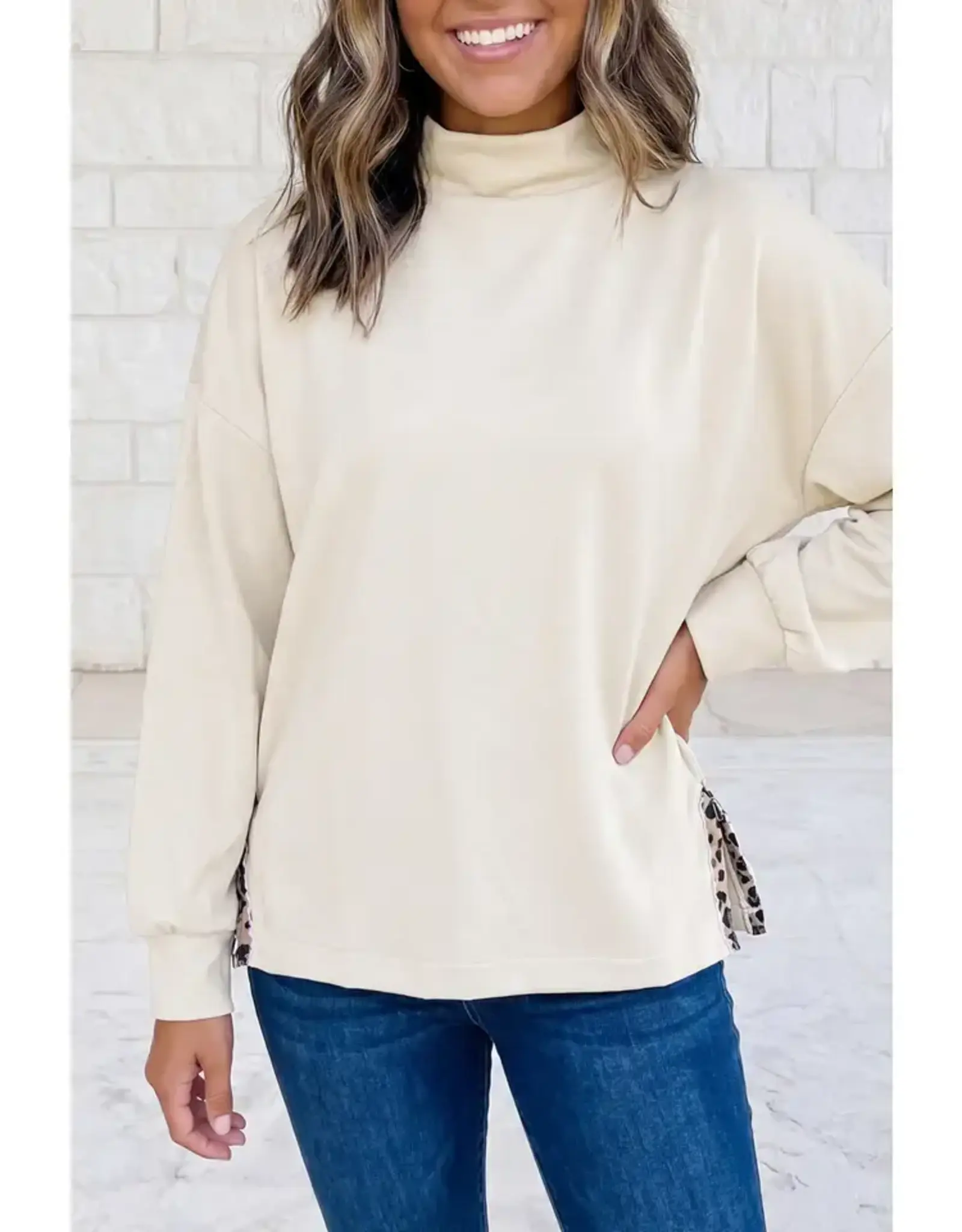 Renee Ivory Leopard Trim Pullover