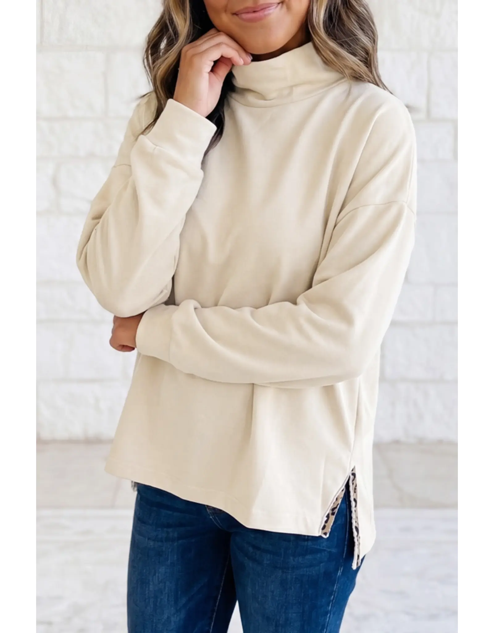 Renee Ivory Leopard Trim Pullover