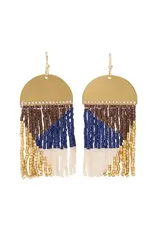 Birdie Geometric Beaded Fringe Earrings Navy, Brown, Ivory, Gold
