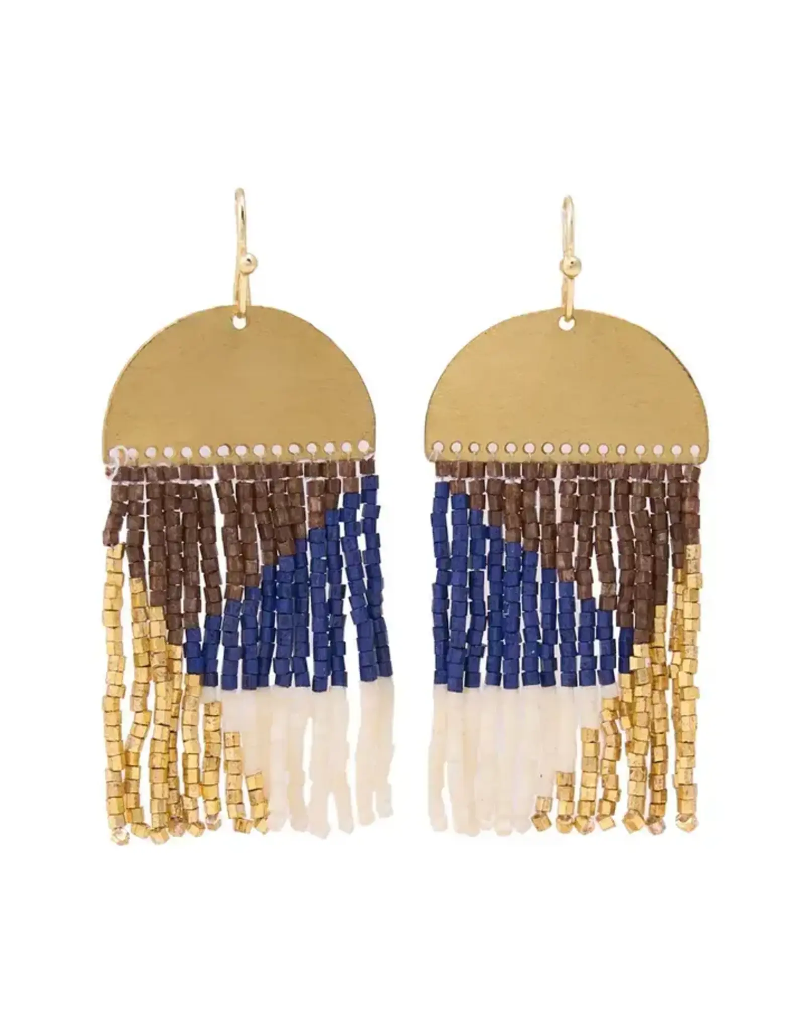 Birdie Geometric Beaded Fringe Earrings Navy, Brown, Ivory, Gold